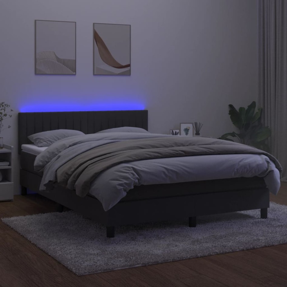 Cama box spring colchón y LED terciopelo gris oscuro 140x200