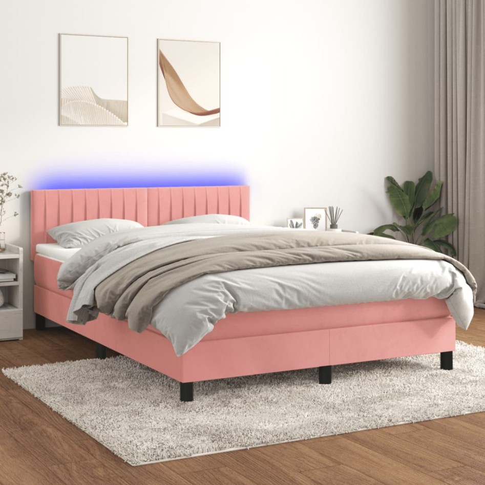 Cama box spring colchón y LED terciopelo rosa 140x200