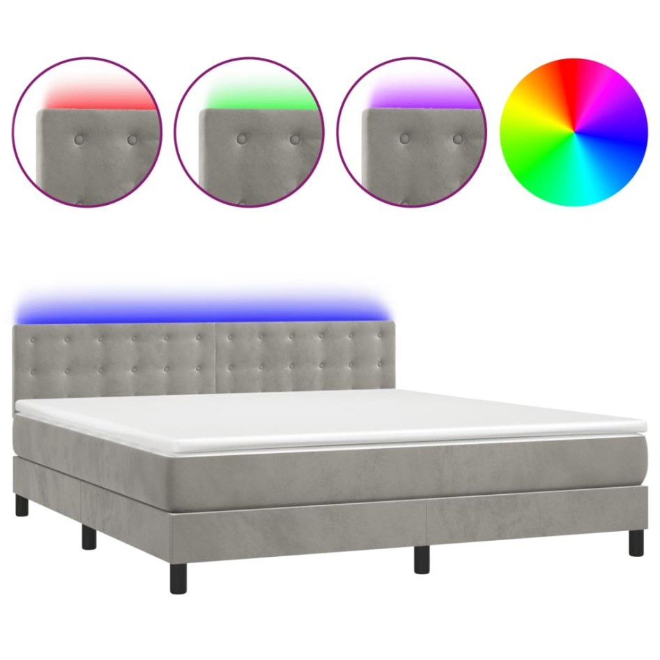 Cama box spring colchón y LED terciopelo gris claro 180x200