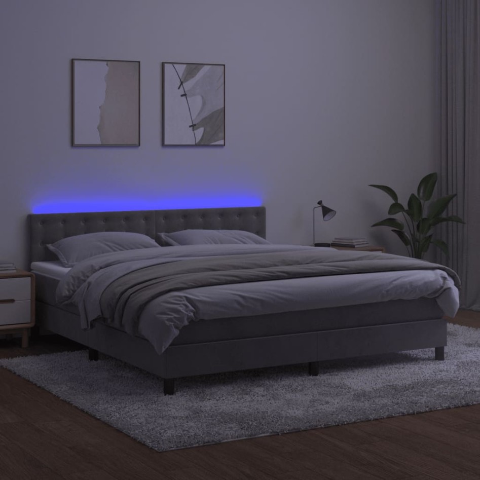 Cama box spring colchón y LED terciopelo gris claro 180x200