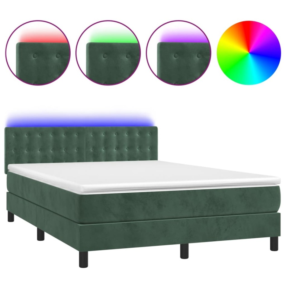 Cama box spring colchón y LED terciopelo verde oscuro