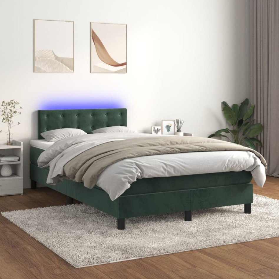 Cama box spring colchón y LED terciopelo verde oscuro