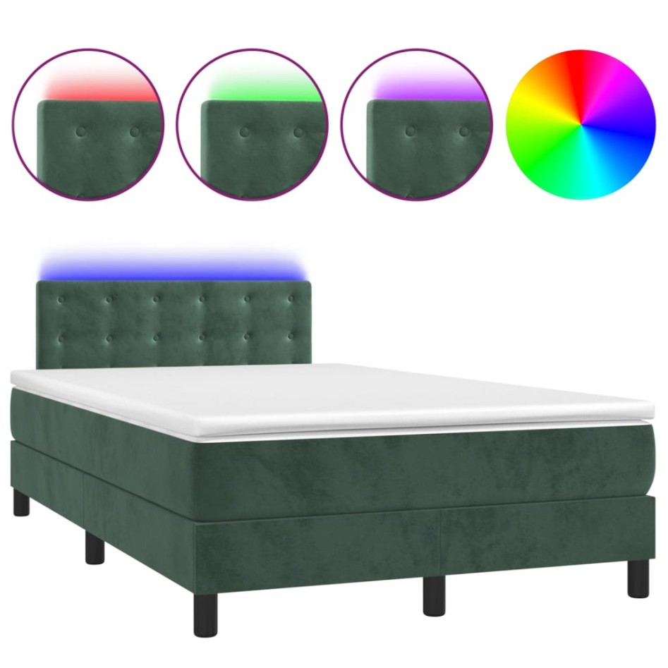 Cama box spring colchón y LED terciopelo verde oscuro
