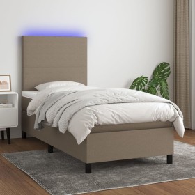 Cama box spring colchón y luces LED tela gris taupe 100x200