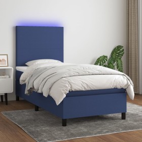 Cama box spring colchón y luces LED tela azul 90x190