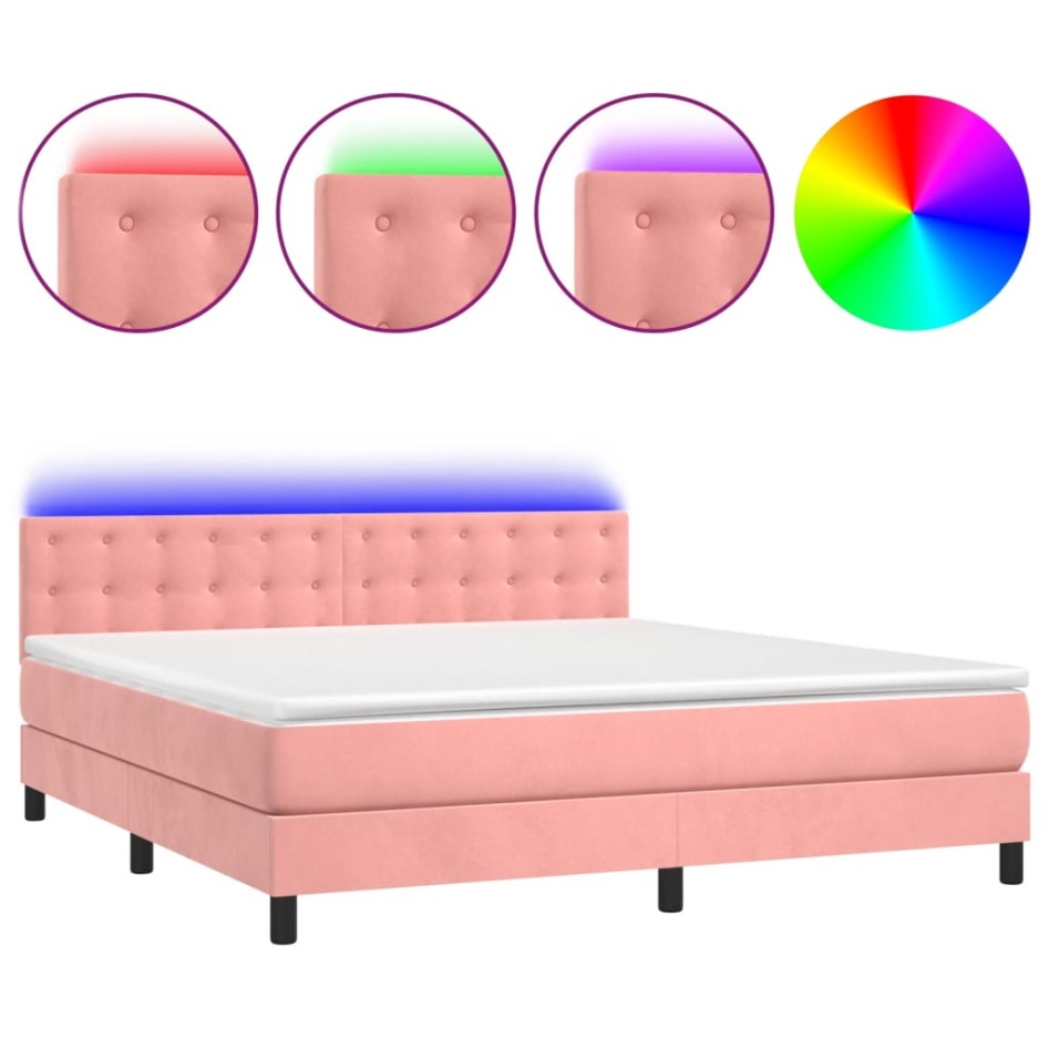 Cama box spring colchón y LED terciopelo rosa 180x200