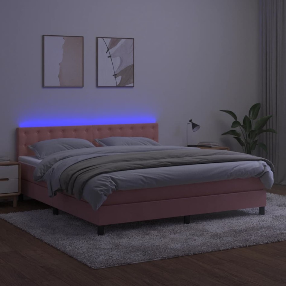 Cama box spring colchón y LED terciopelo rosa 180x200