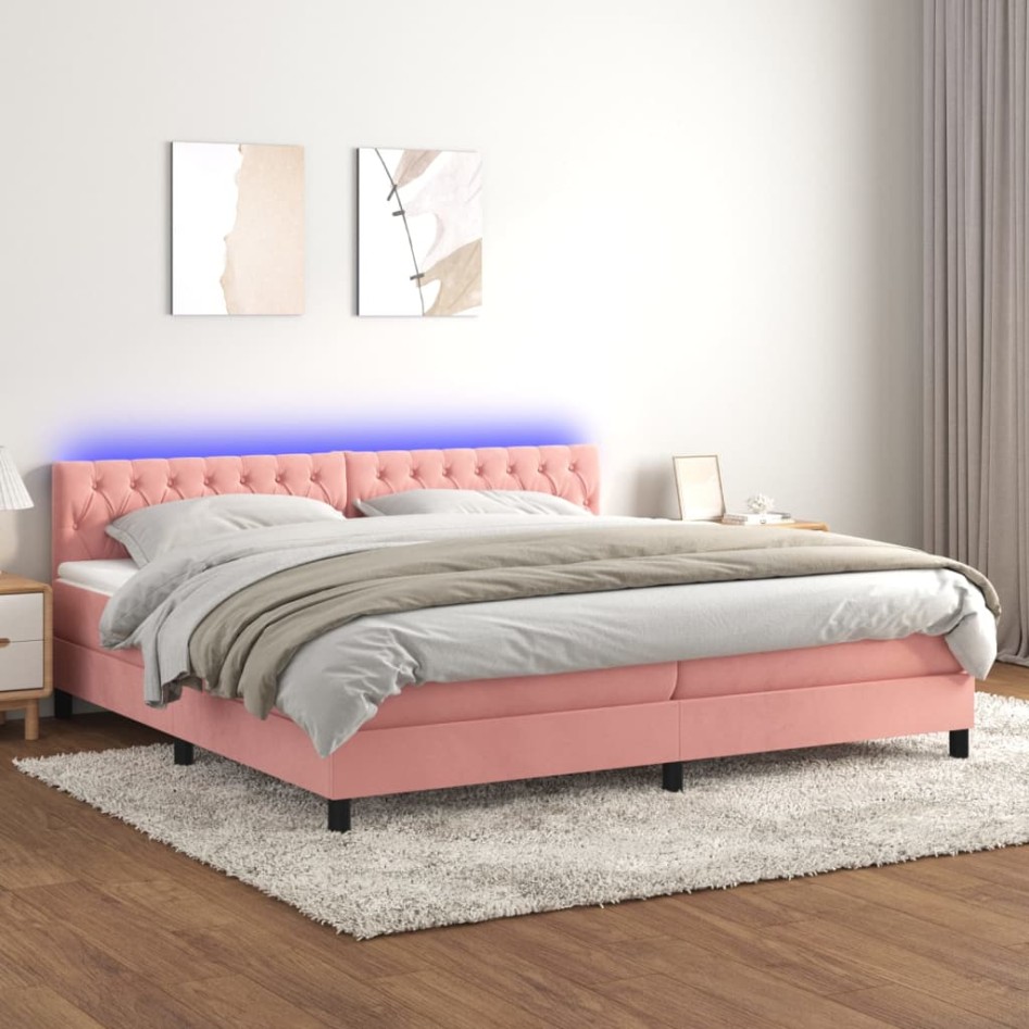 Cama box spring colchón y LED terciopelo rosa 200x200