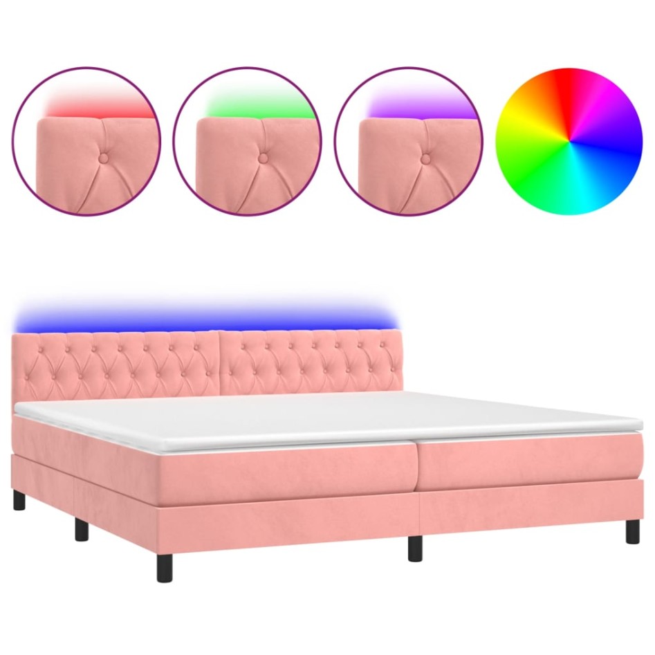 Cama box spring colchón y LED terciopelo rosa 200x200