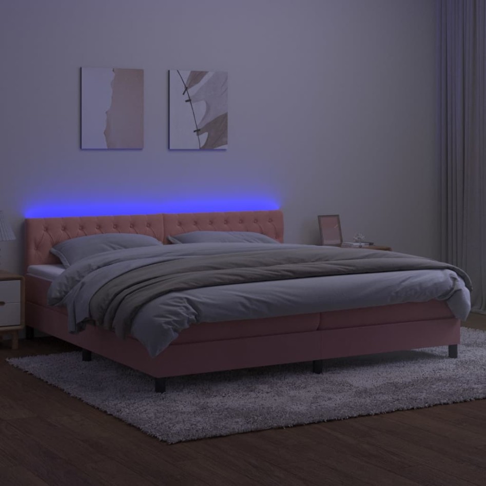 Cama box spring colchón y LED terciopelo rosa 200x200