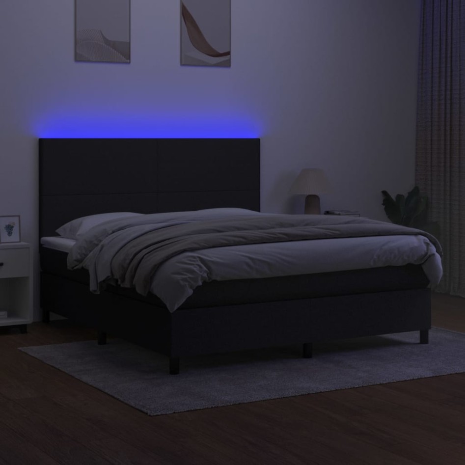 Cama box spring colchón y luces LED tela negro 160x200