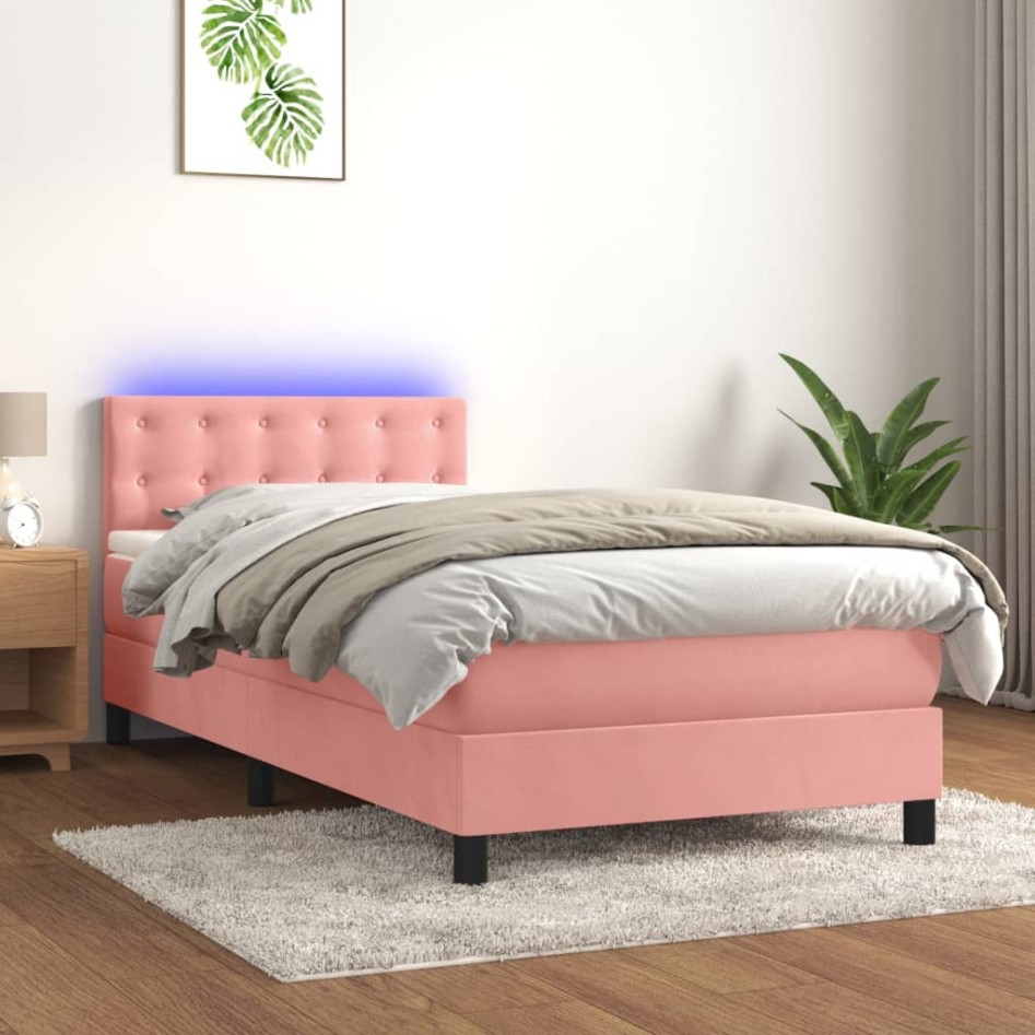 Cama box spring colchón y LED terciopelo rosa 90x190