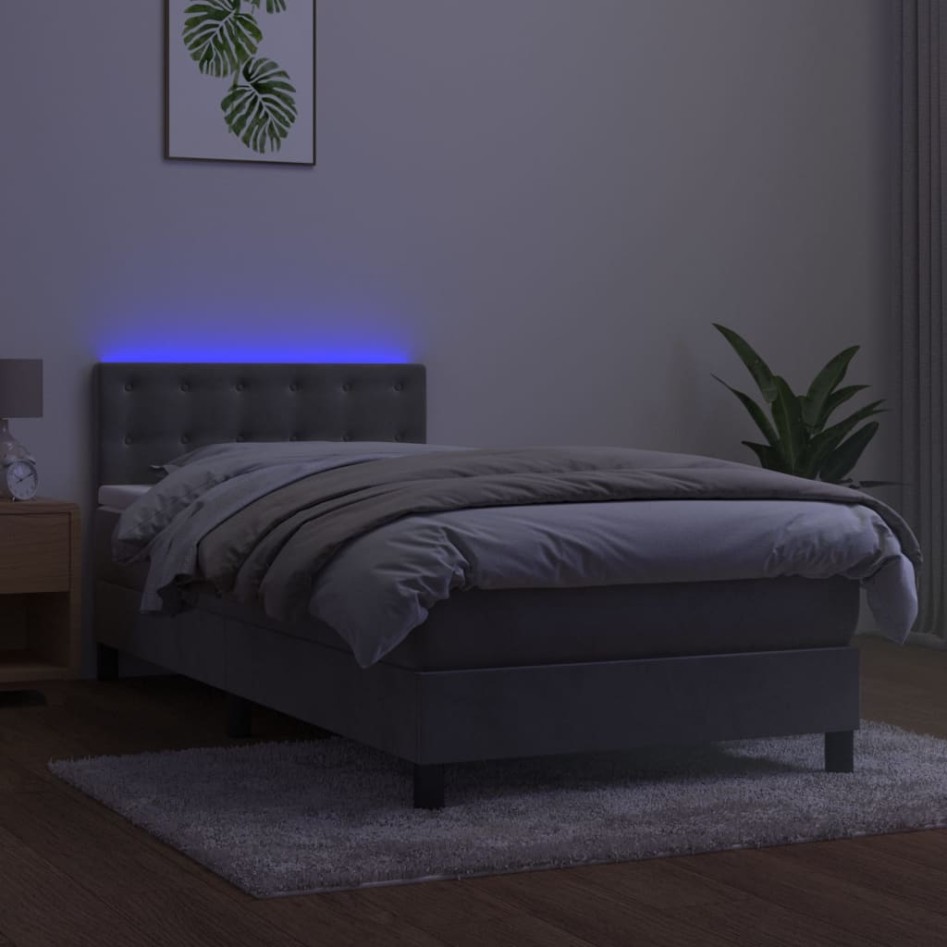 Cama box spring colchón y LED terciopelo gris claro 90x190