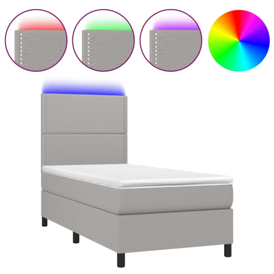 Cama box spring colchón y luces LED tela gris claro 100x200