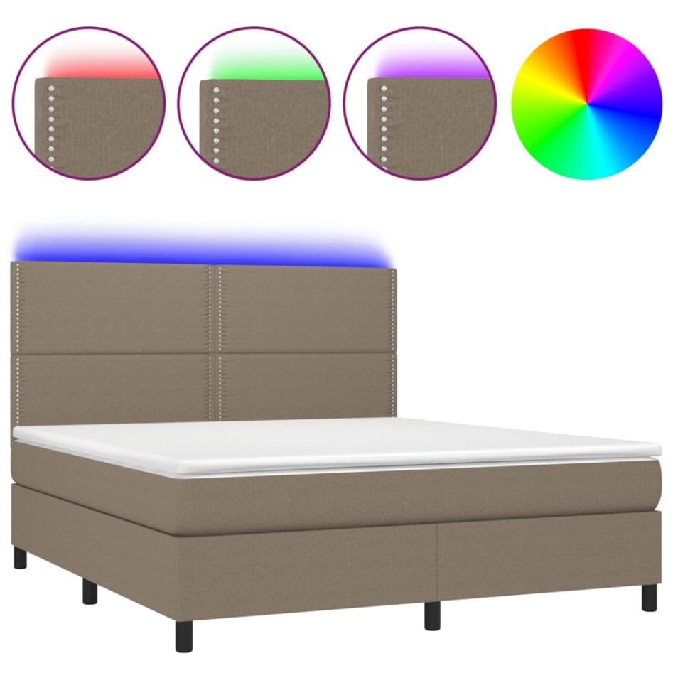 Cama box spring colchón y luces LED tela gris taupe 160x200