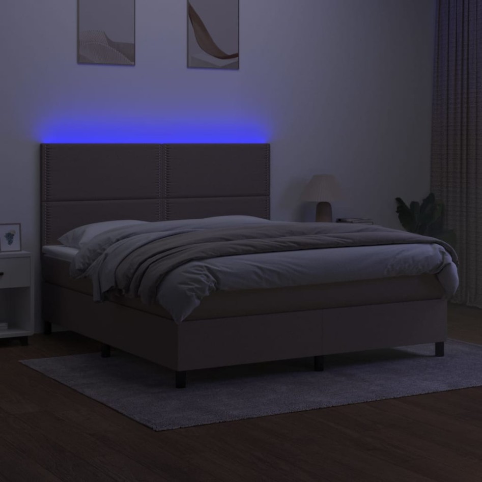 Cama box spring colchón y luces LED tela gris taupe 160x200