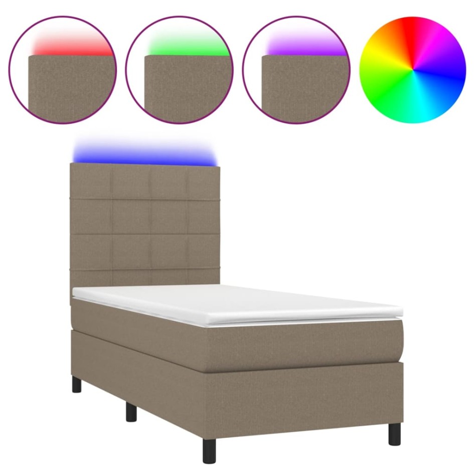 Cama box spring colchón y luces LED tela gris taupe 90x200