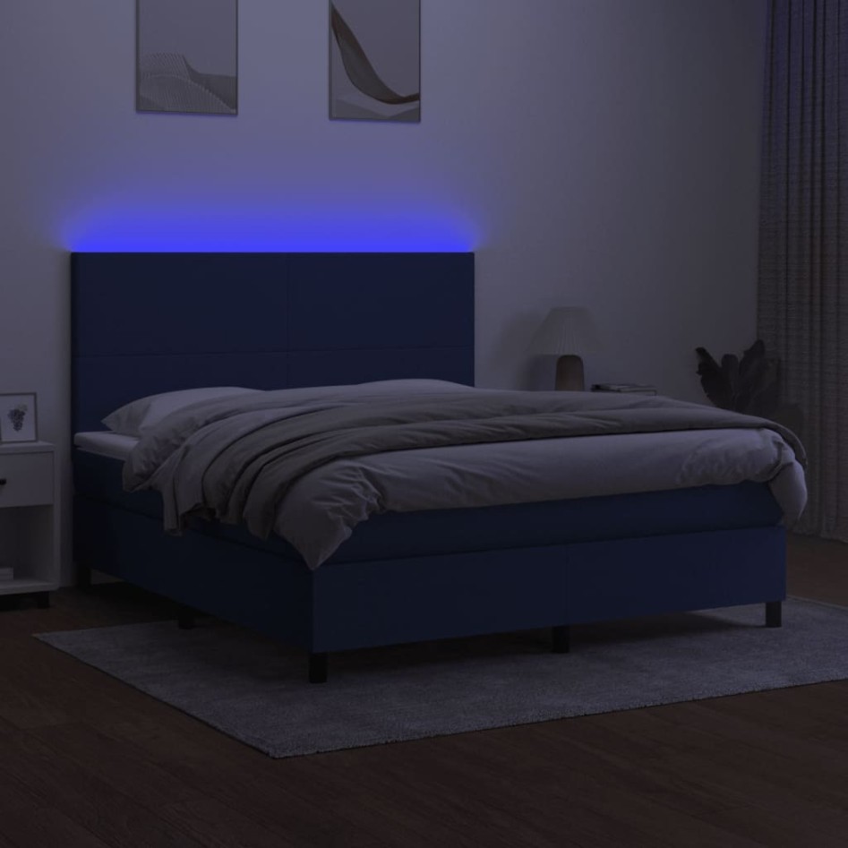 Cama box spring colchón y luces LED tela azul 160x200