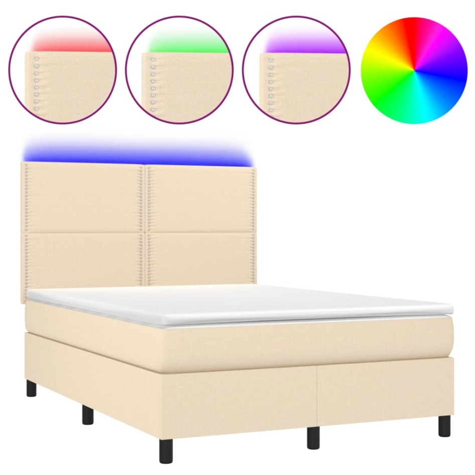 Cama box spring colchón y luces LED tela crema 140x200