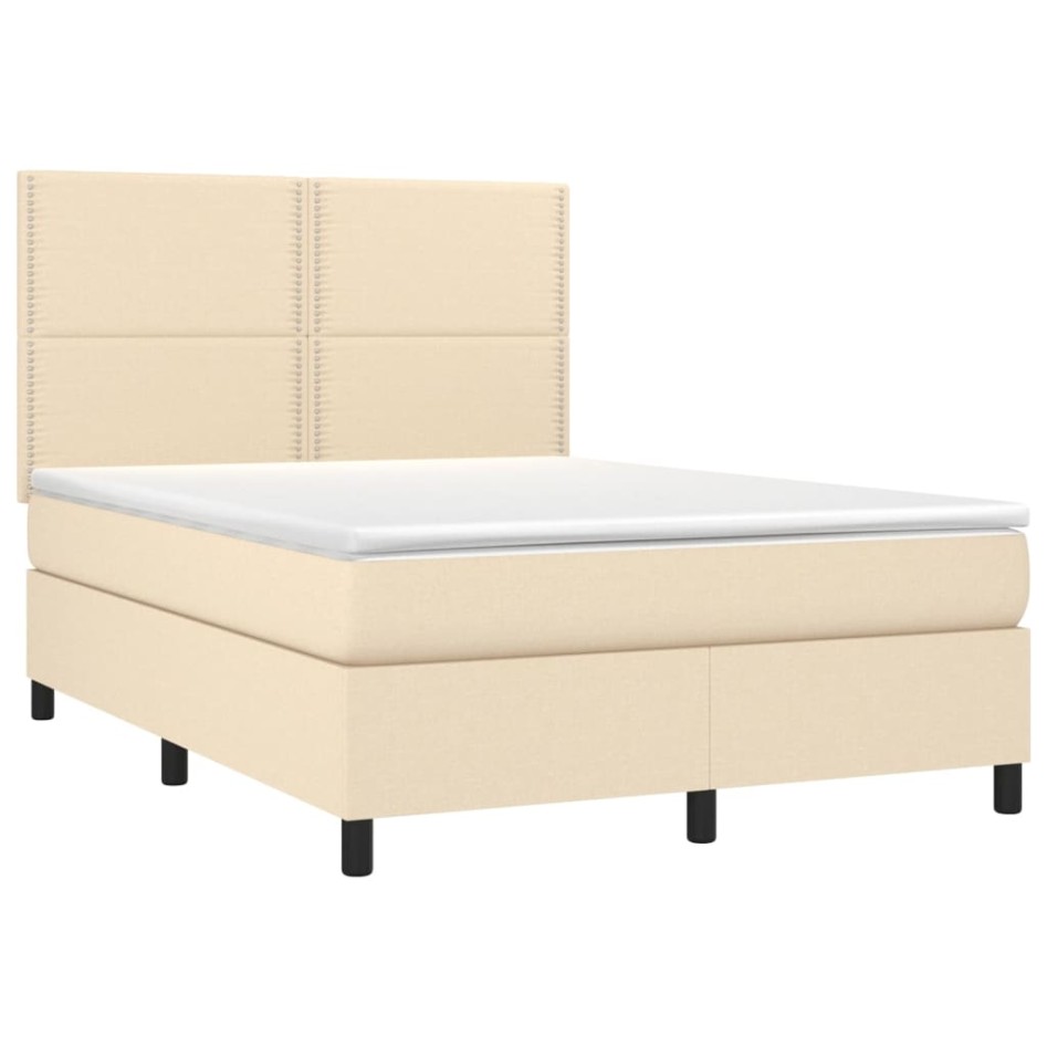 Cama box spring colchón y luces LED tela crema 140x200