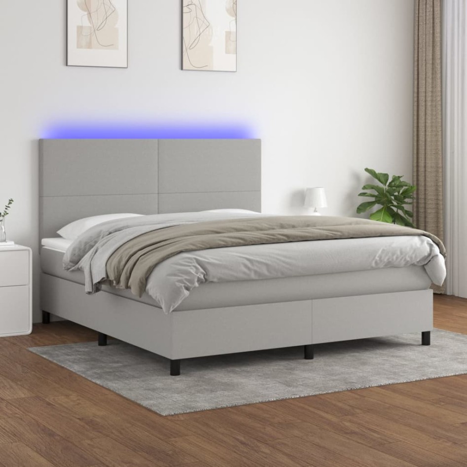 Cama box spring colchón y luces LED tela gris claro 180x200