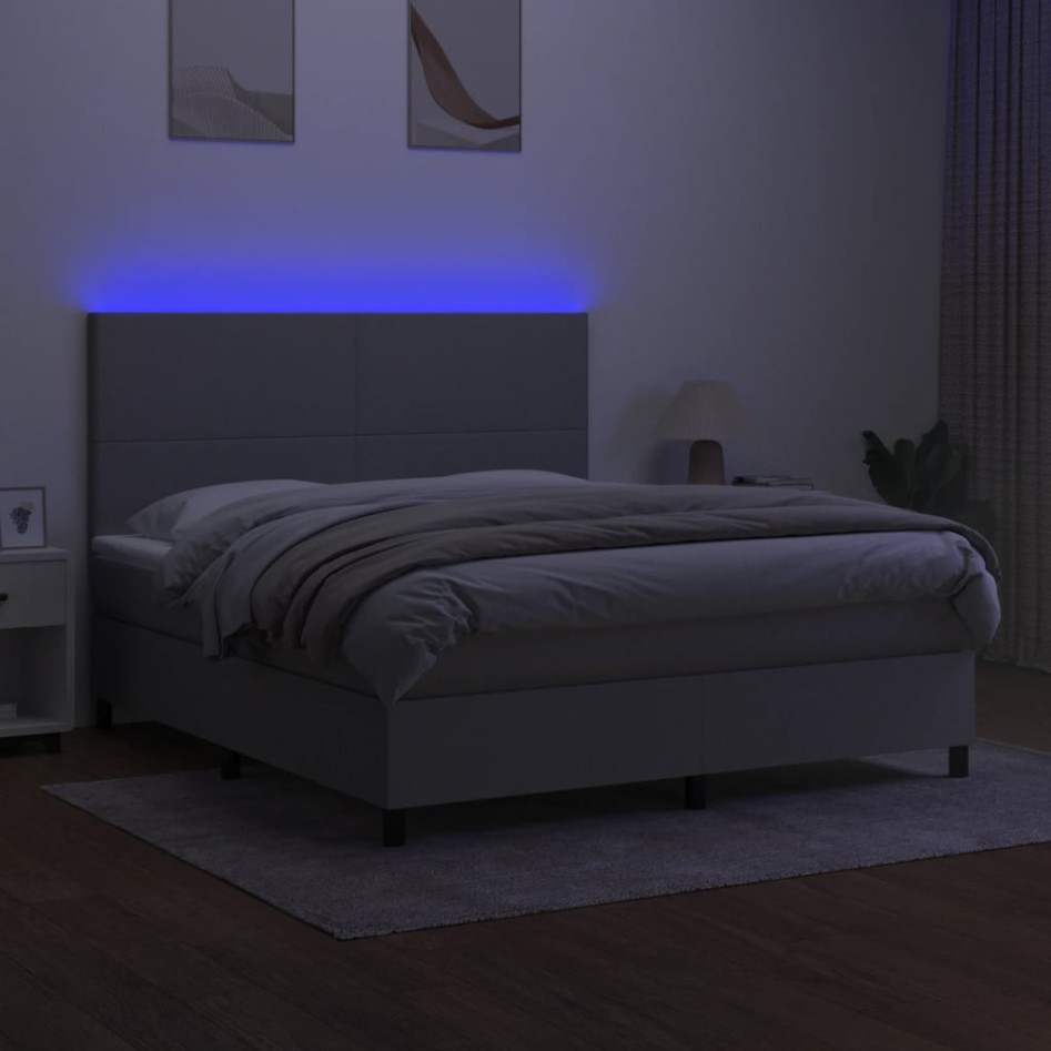Cama box spring colchón y luces LED tela gris claro 180x200