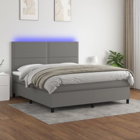 Cama box spring colchón y luces LED tela gris oscuro 180x200