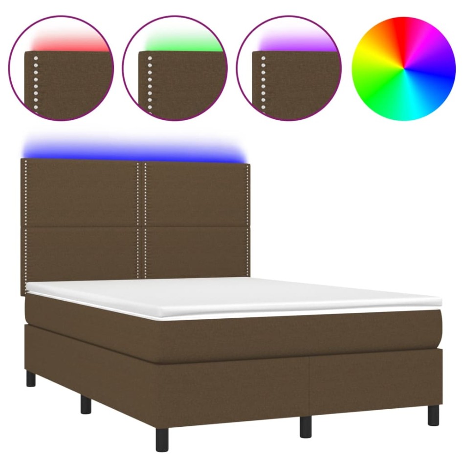 Cama box spring colchón luces LED tela marrón oscuro 140x190
