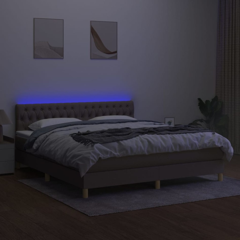 Cama box spring con colchón LED tela gris taupe 160x200