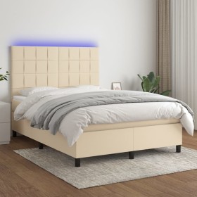 Cama box spring colchón y luces LED tela crema 140x200