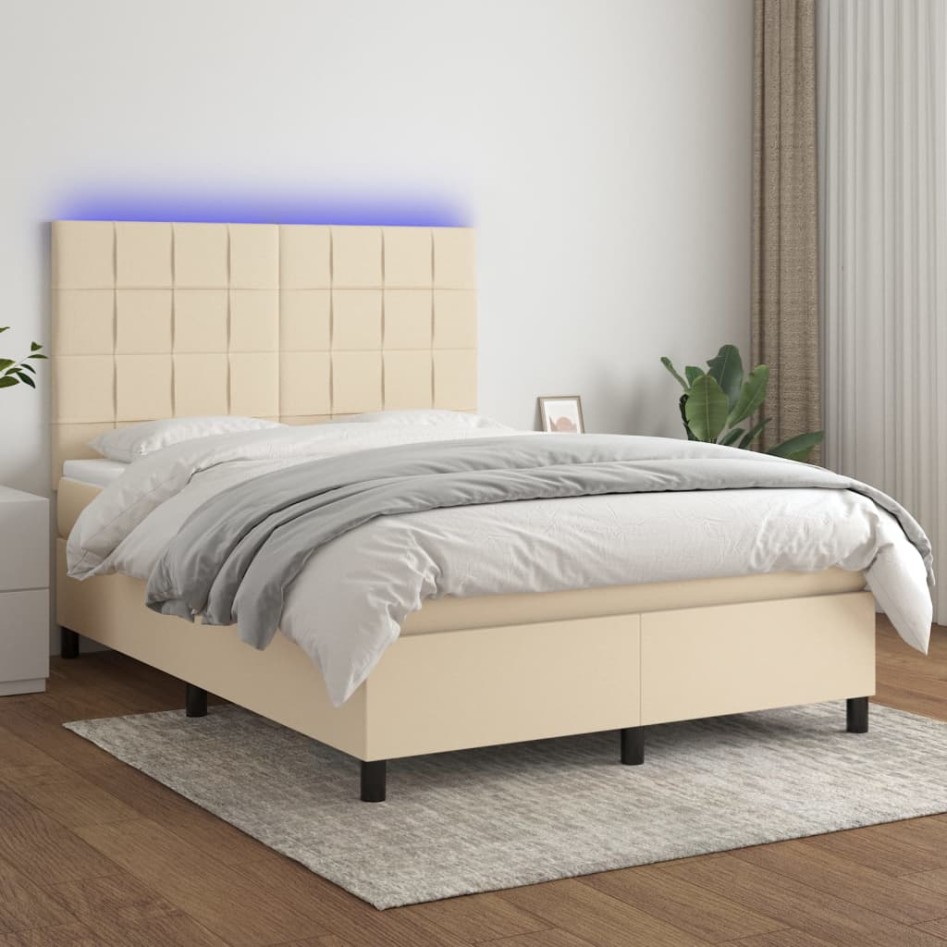 Cama box spring colchón y luces LED tela crema 140x200