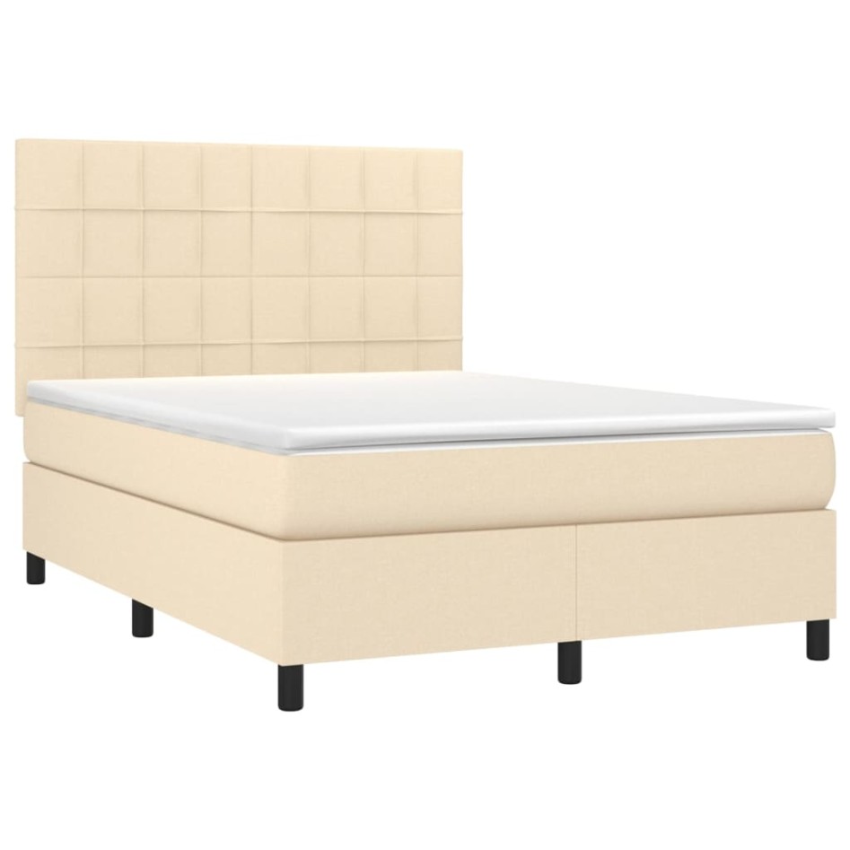 Cama box spring colchón y luces LED tela crema 140x200