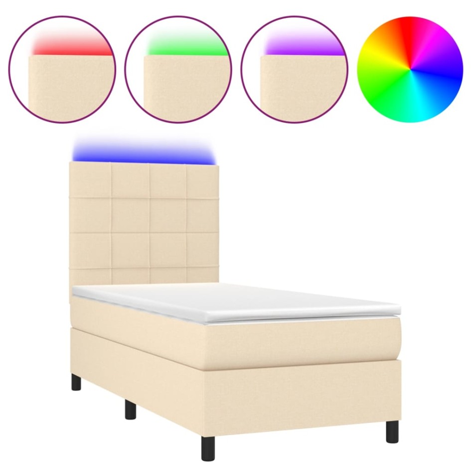 Cama box spring colchón y luces LED tela color crema 90x190