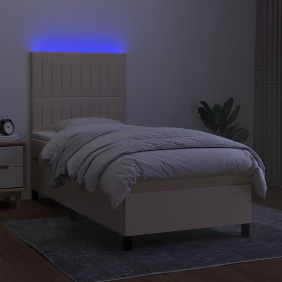 Cama box spring colchón y luces LED tela crema 90x200