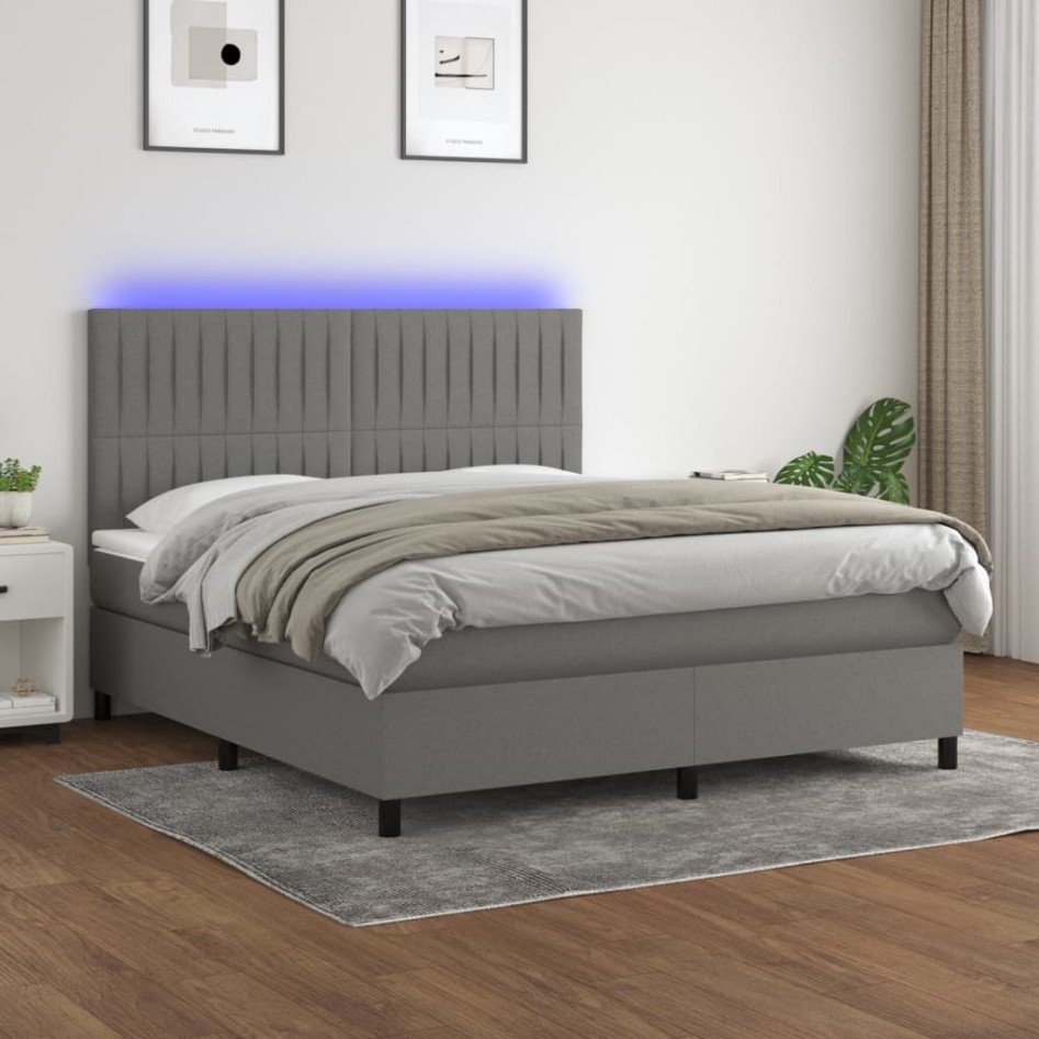 Cama box spring colchón y luces LED tela gris oscuro 160x200