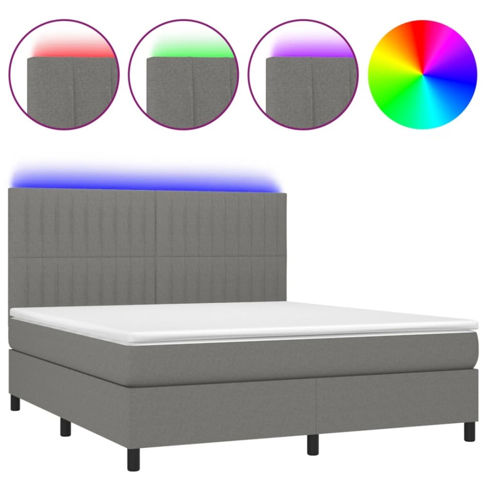 Cama box spring colchón y luces LED tela gris oscuro 160x200