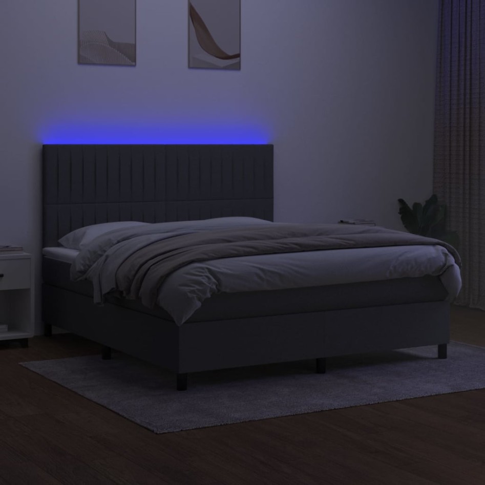 Cama box spring colchón y luces LED tela gris oscuro 160x200