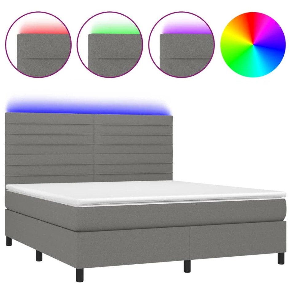 Cama box spring colchón y luces LED tela gris oscuro 160x200