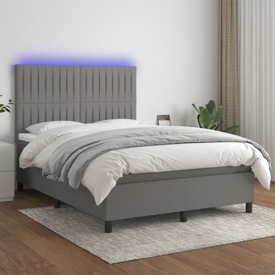 Cama box spring colchón y luces LED tela gris oscuro 140x200