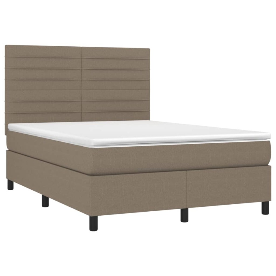 Cama box spring colchón y luces LED tela gris taupe 140x190
