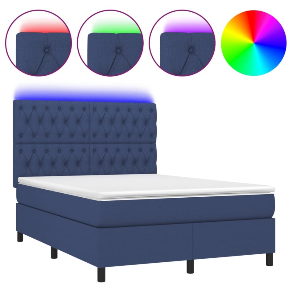 Cama box spring colchón y luces LED tela azul 140x190