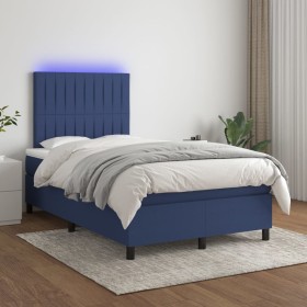 Cama box spring con colchón y LED tela azul 120x200