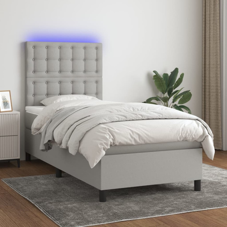 Cama box spring colchón y luces LED tela gris claro 90x190