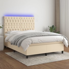 Cama box spring colchón y luces LED tela crema 140x200