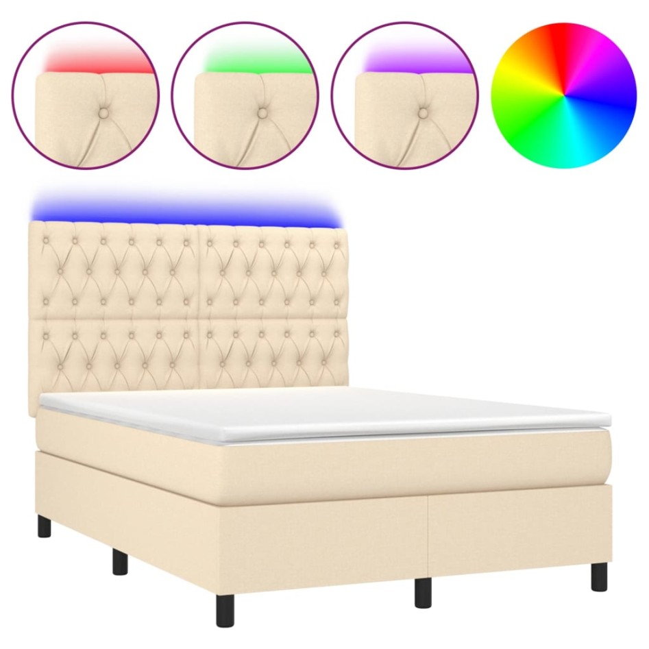 Cama box spring colchón y luces LED tela crema 140x200