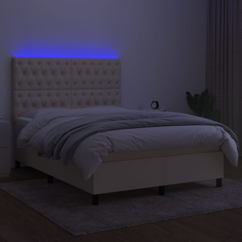 Cama box spring colchón y luces LED tela crema 140x200