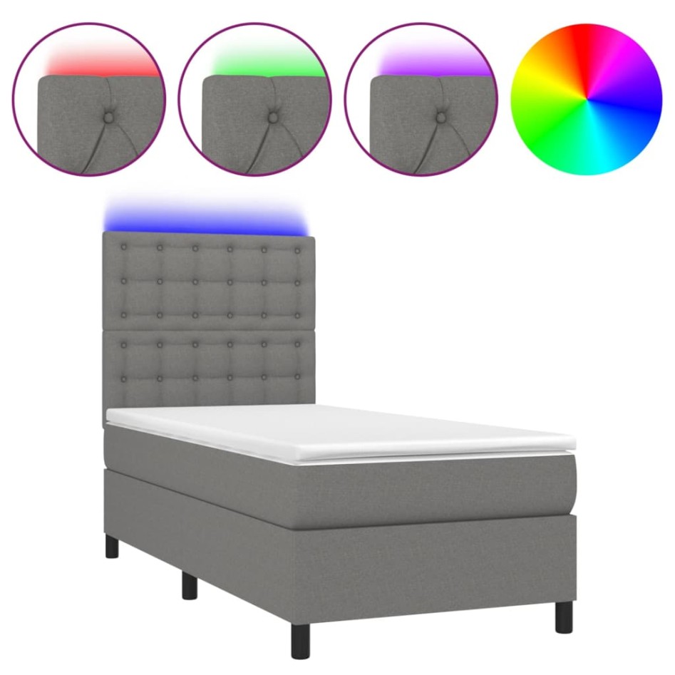 Cama box spring colchón y luces LED tela gris oscuro 100x200