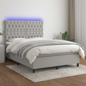 Cama box spring colchón y luces LED tela gris claro 140x200
