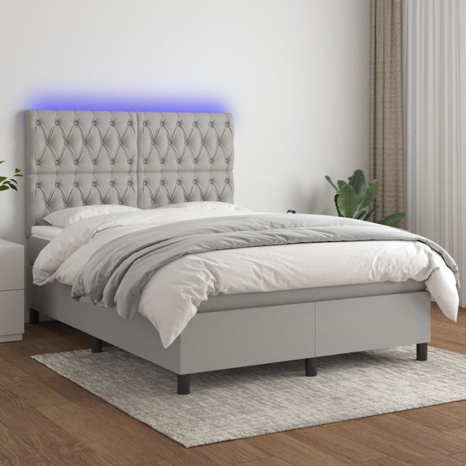 Cama box spring colchón y luces LED tela gris claro 140x200