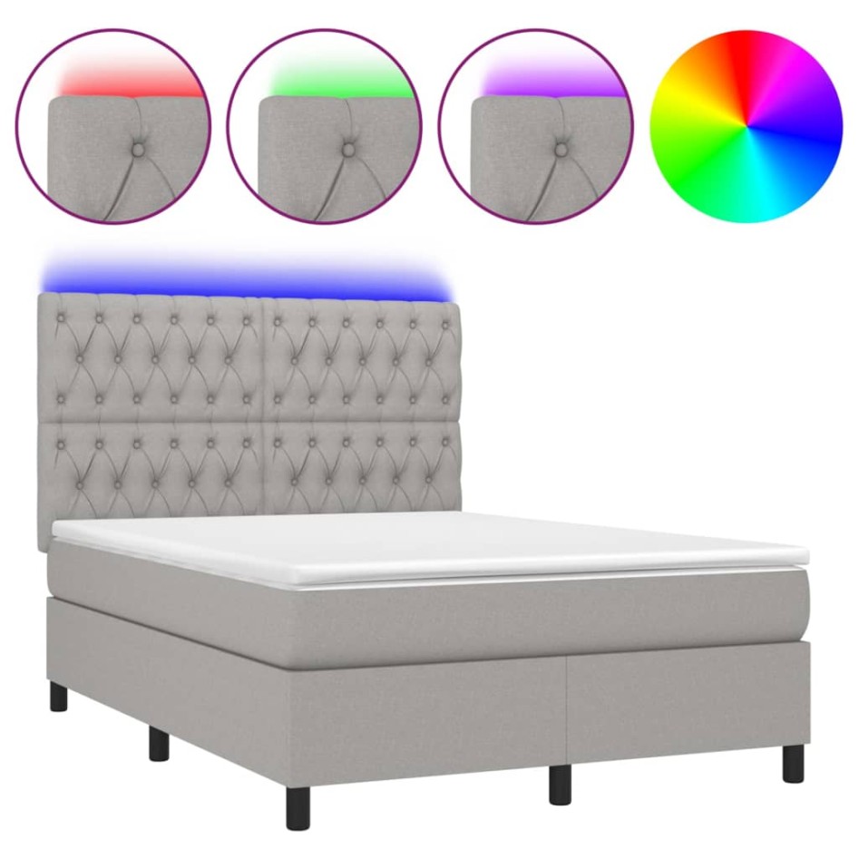 Cama box spring colchón y luces LED tela gris claro 140x200